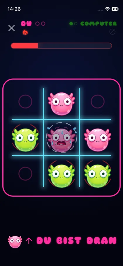 Shlayolotl: ein Spielfeld mit drei mal drei Feldern, rosa und gr&uuml;ne Axolotl darauf