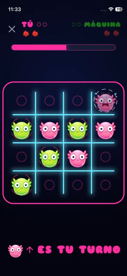 Shlayolotl: un tablero de tres por tres con ajolotes rosas y verdes